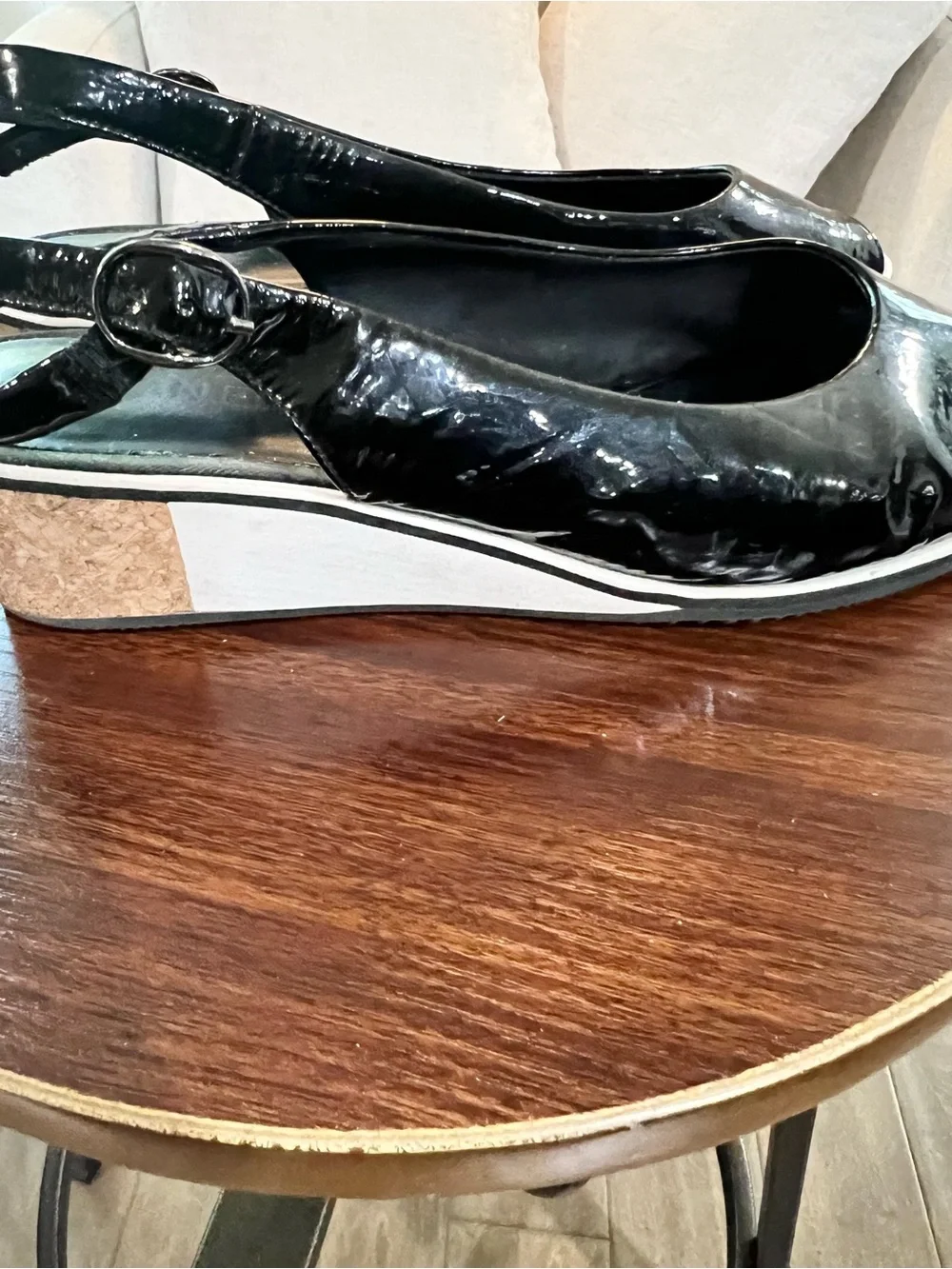 Vaneli Black Patent Peep-Toe Wedge Slingbacks. Size 10